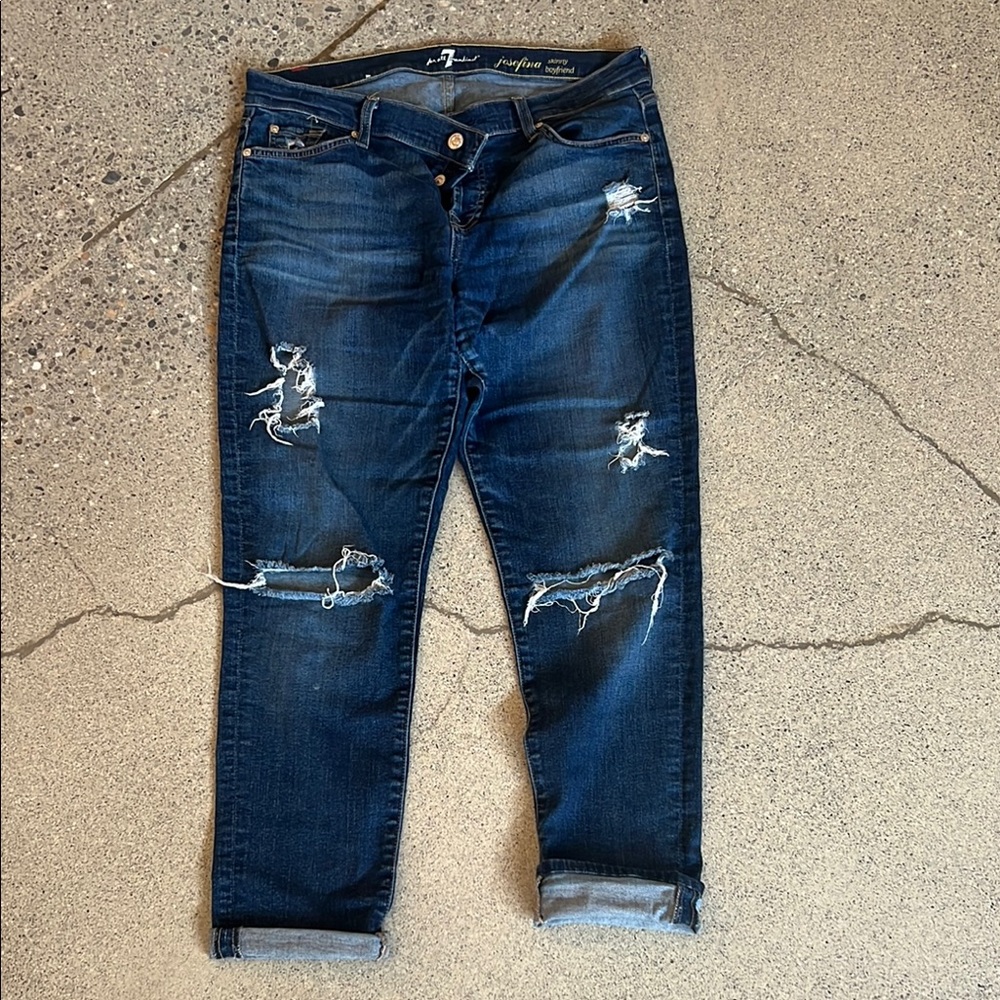 7 For All Mankind Blue Distressed Ankle Cropped Jeans